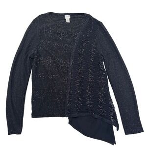 Chicos Black Metallic Sparkle Knit Asymmetrical Hem Layered Tunic Sweater Sz 3XL